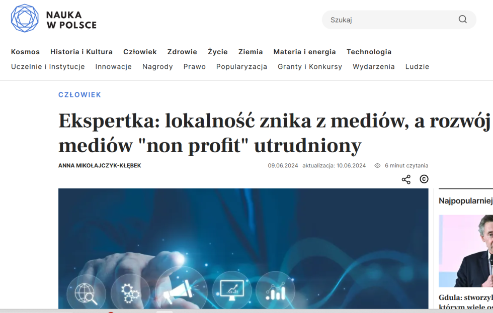 A. Mikołajczyk-Kłębek, Ekspertka: lokalność znika z mediów, a rozwój mediów "non profit" utrudniony, PAP Nauka w Polsce, 9.06.2024