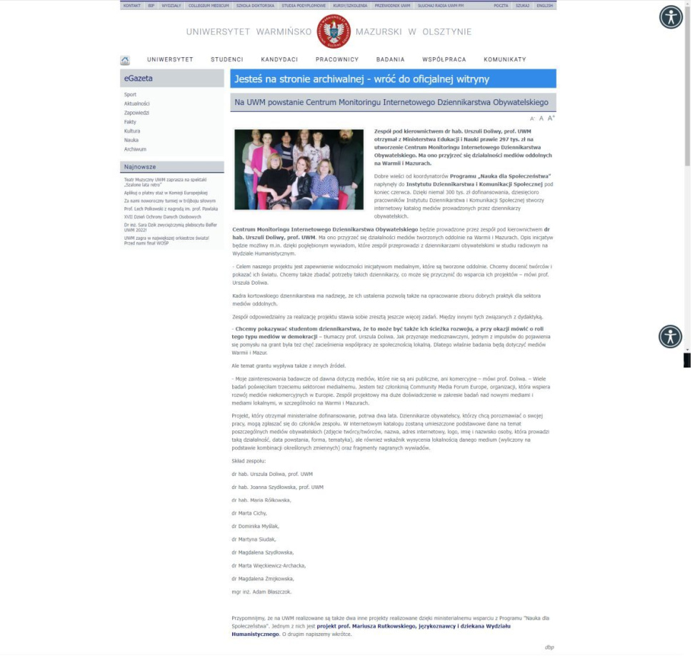 Dbp, Na UWM powstanie Centrum Monitoringu Internetowego Dziennikarstwa Obywatelskiego, www.uwm.edu.pl, 01.07.2022.