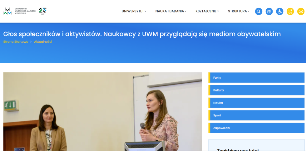 M. Wiśniewska, Głos społeczników i aktywistów. Naukowcy z UWM przyglądają się mediom obywatelskim, Strona internetowa UWM, 25.04.2024